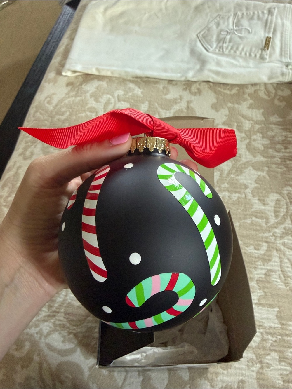 Holiday Candy Cane Black Glass Ornament with Red Ribbon - Coton Colors